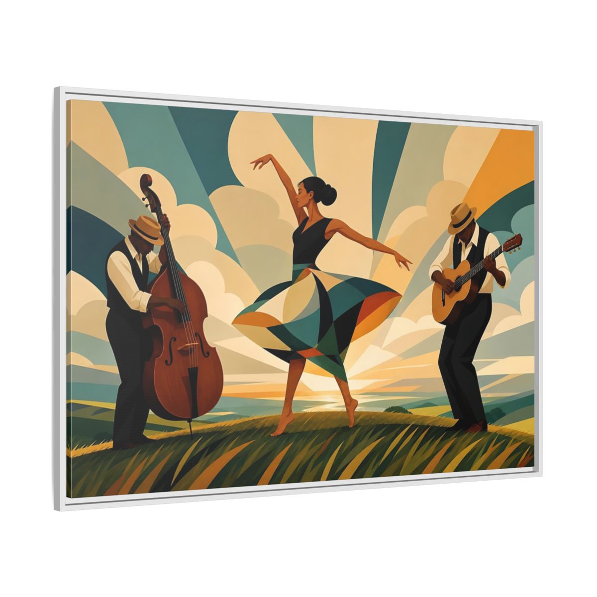 Side Mockup 7. Sunlit Dance Trio shown as framed canvas print
