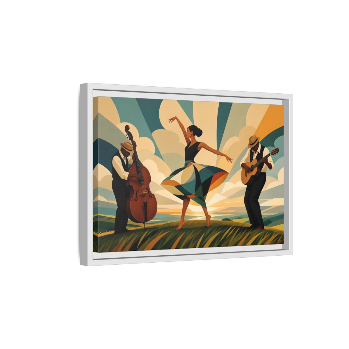 Side Mockup 4. Sunlit Dance Trio shown as framed canvas print