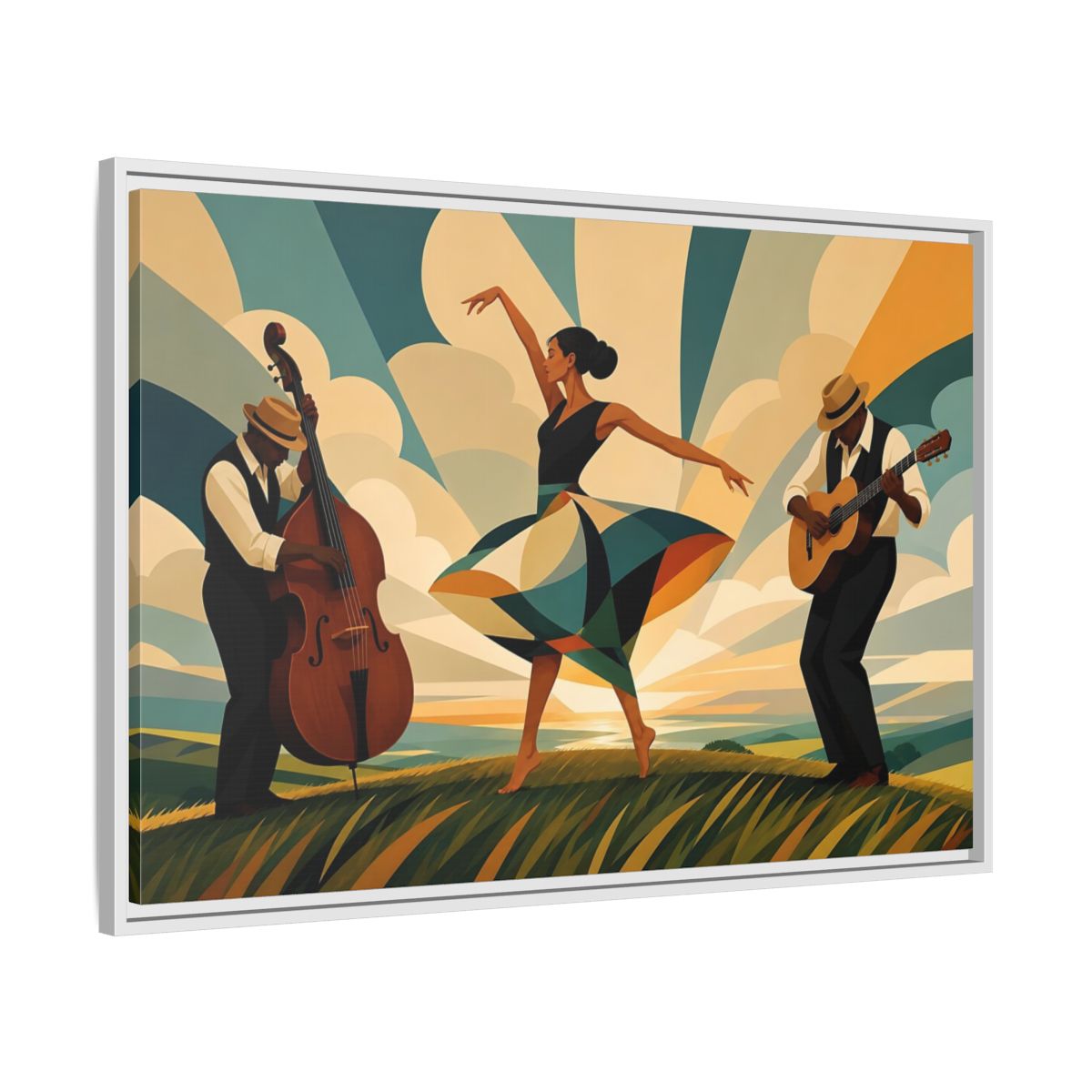 Side Mockup 9. Sunlit Dance Trio shown as framed canvas print