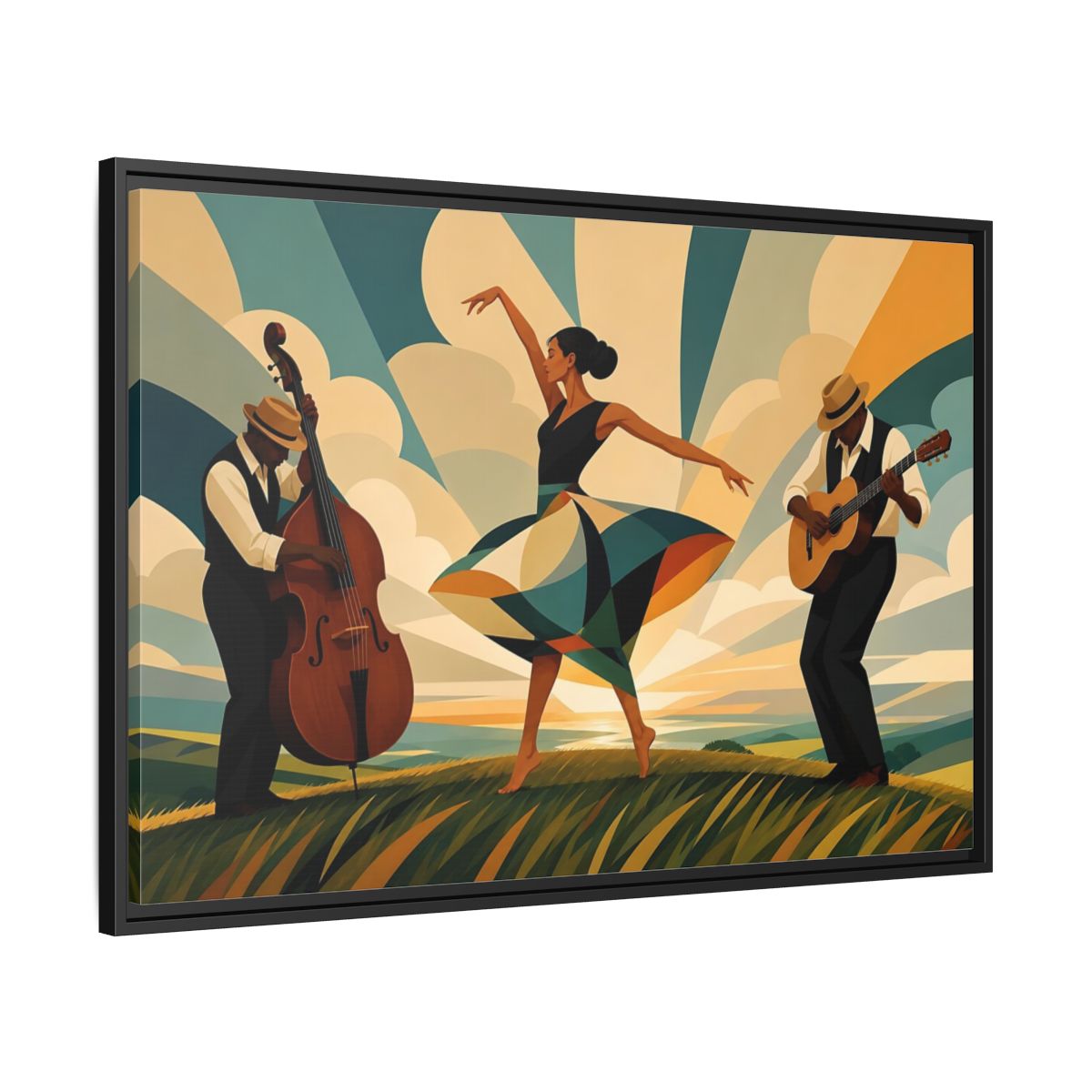 Side Mockup 13. Sunlit Dance Trio shown as framed canvas print