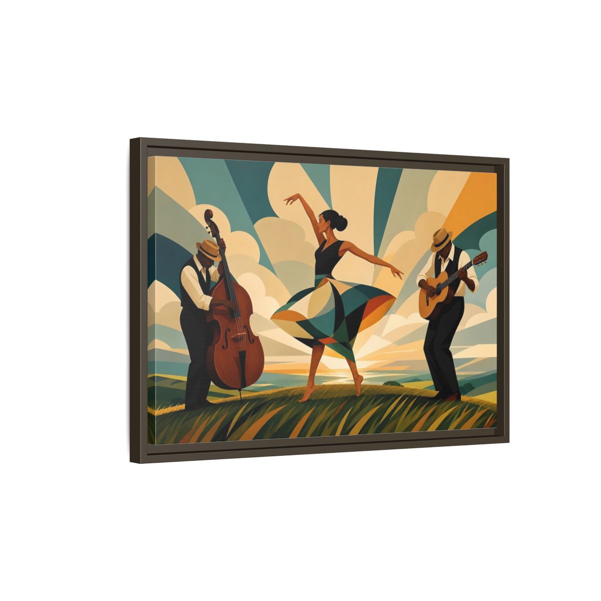 Side Mockup 2. Sunlit Dance Trio shown as framed canvas print
