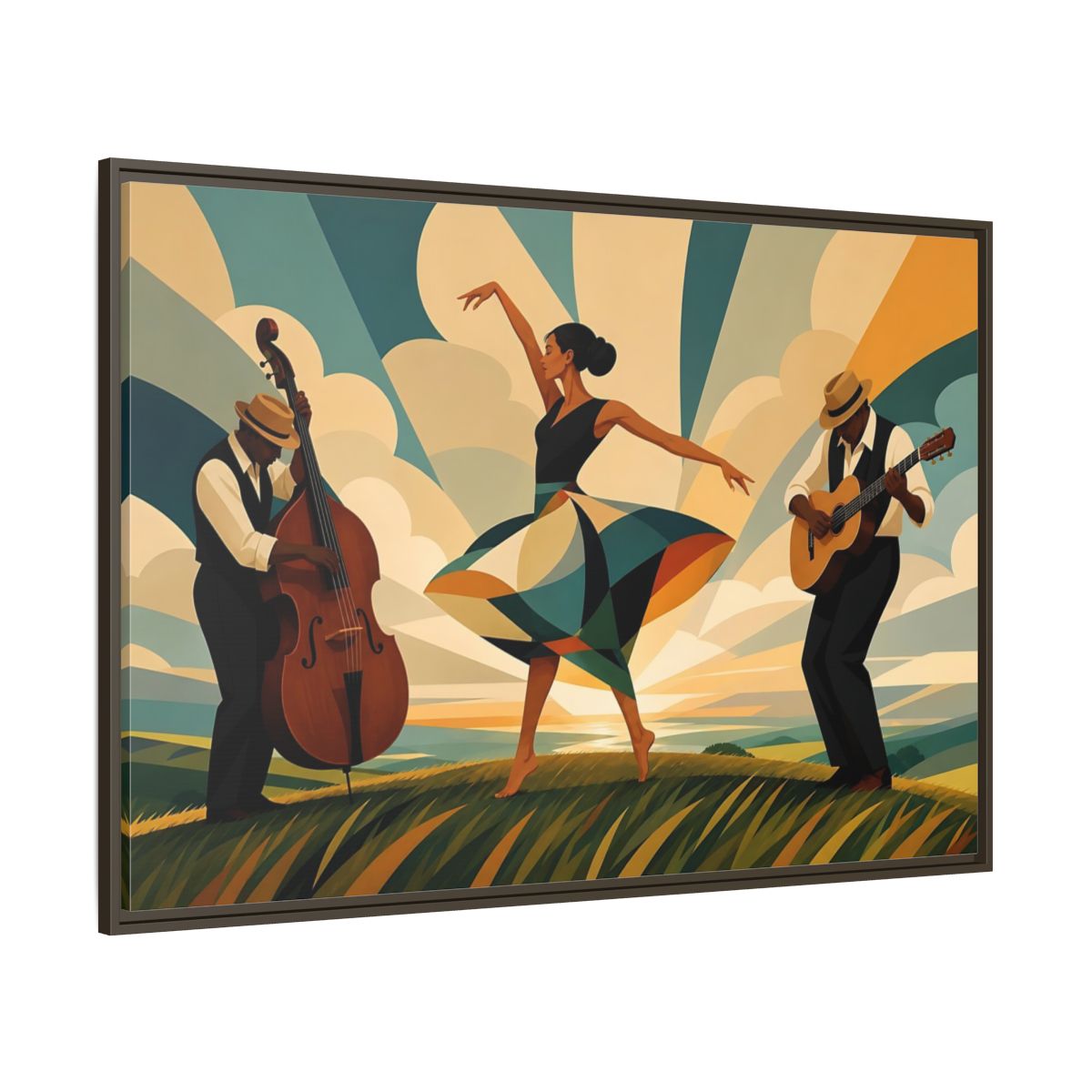 Side Mockup 8. Sunlit Dance Trio shown as framed canvas print