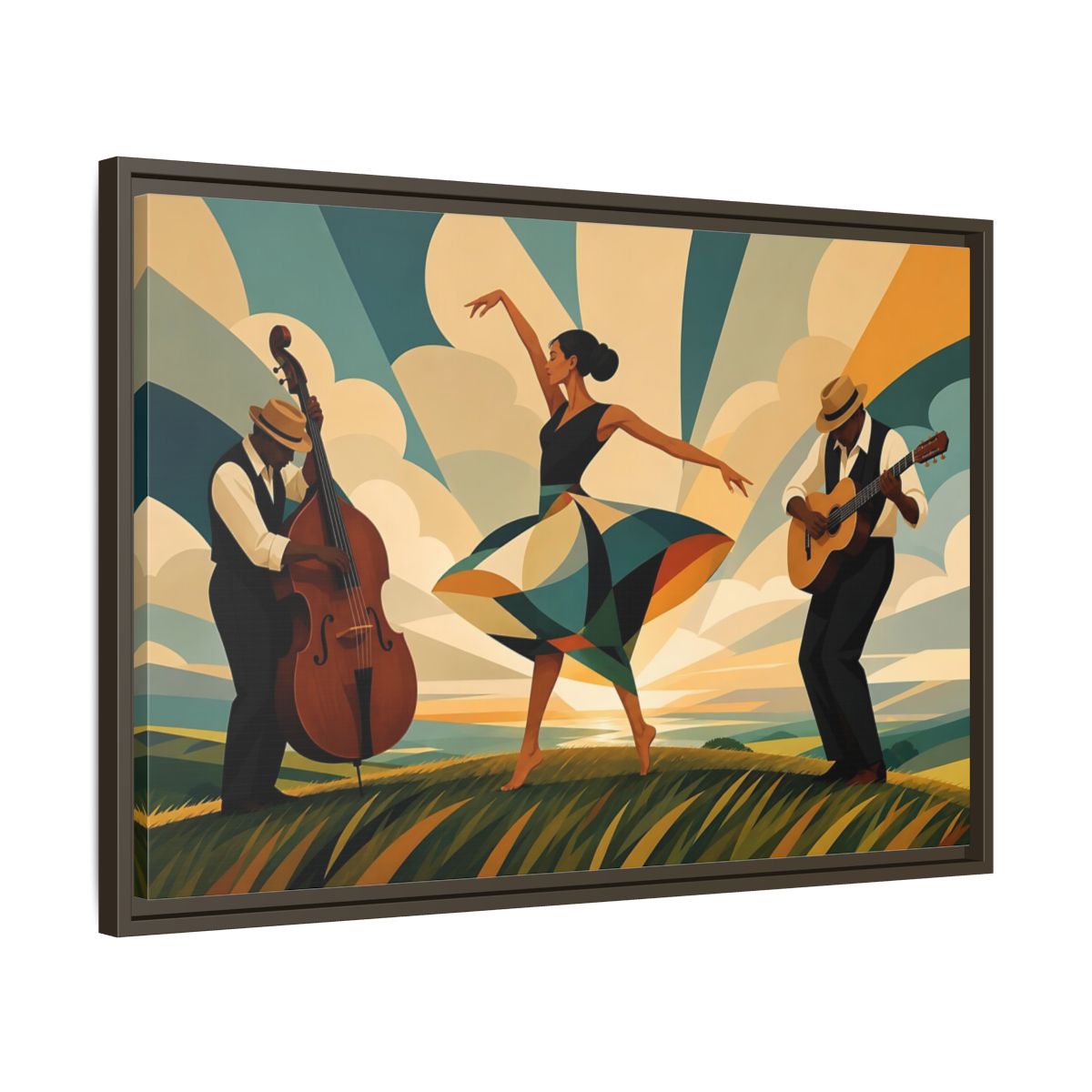 Side Mockup 11. Sunlit Dance Trio shown as framed canvas print