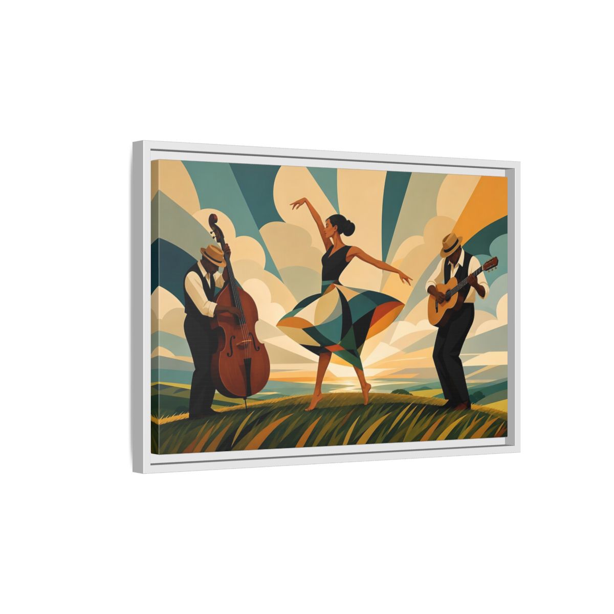 Side Mockup 1. Sunlit Dance Trio shown as framed canvas print