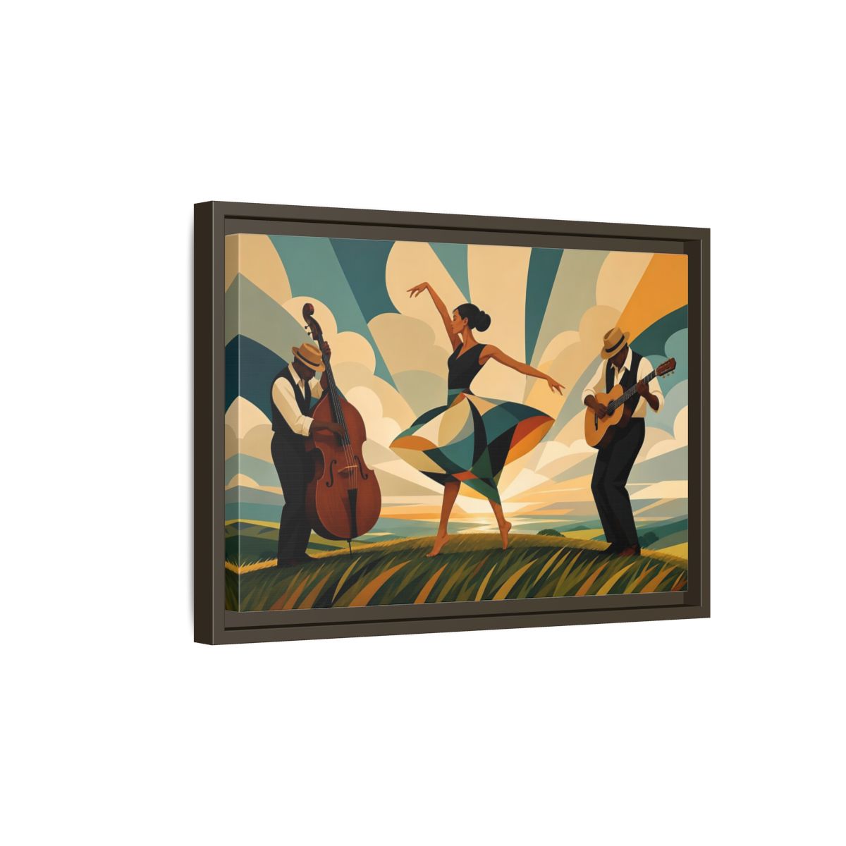Side Mockup 5. Sunlit Dance Trio shown as framed canvas print