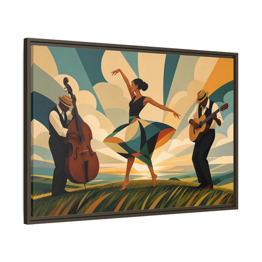 Main Mockup. Sunlit Dance Trio shown as framed canvas print