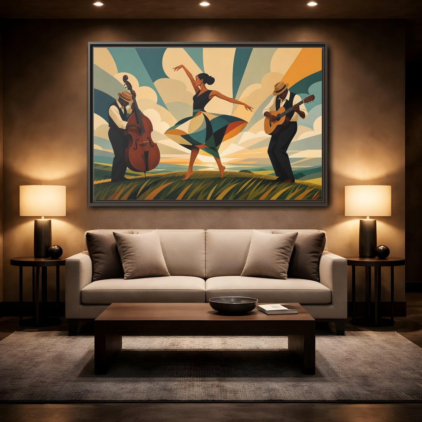 Mockup 2. Sunlit Dance Trio shown as framed canvas print