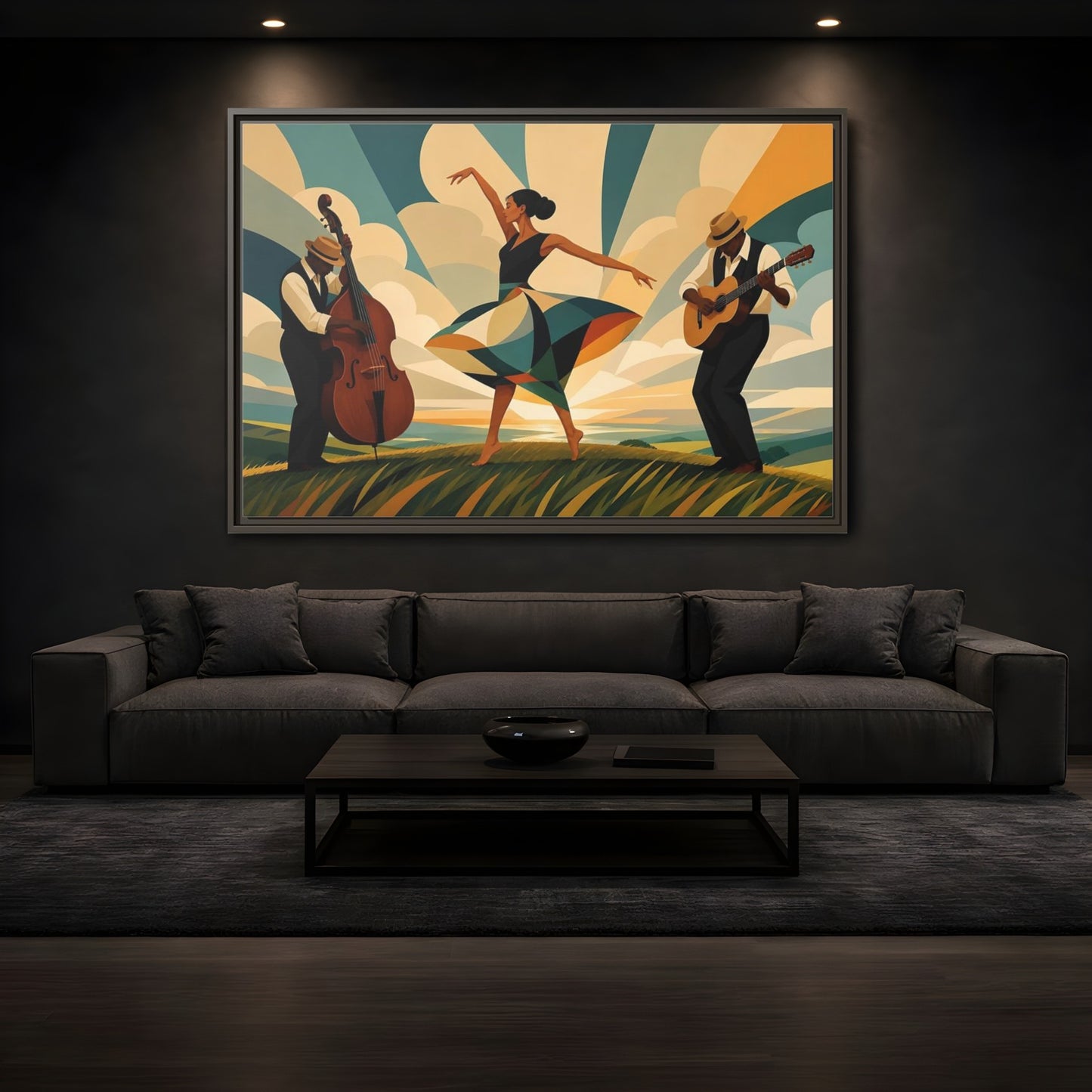 Mockup 3. Sunlit Dance Trio shown as framed canvas print