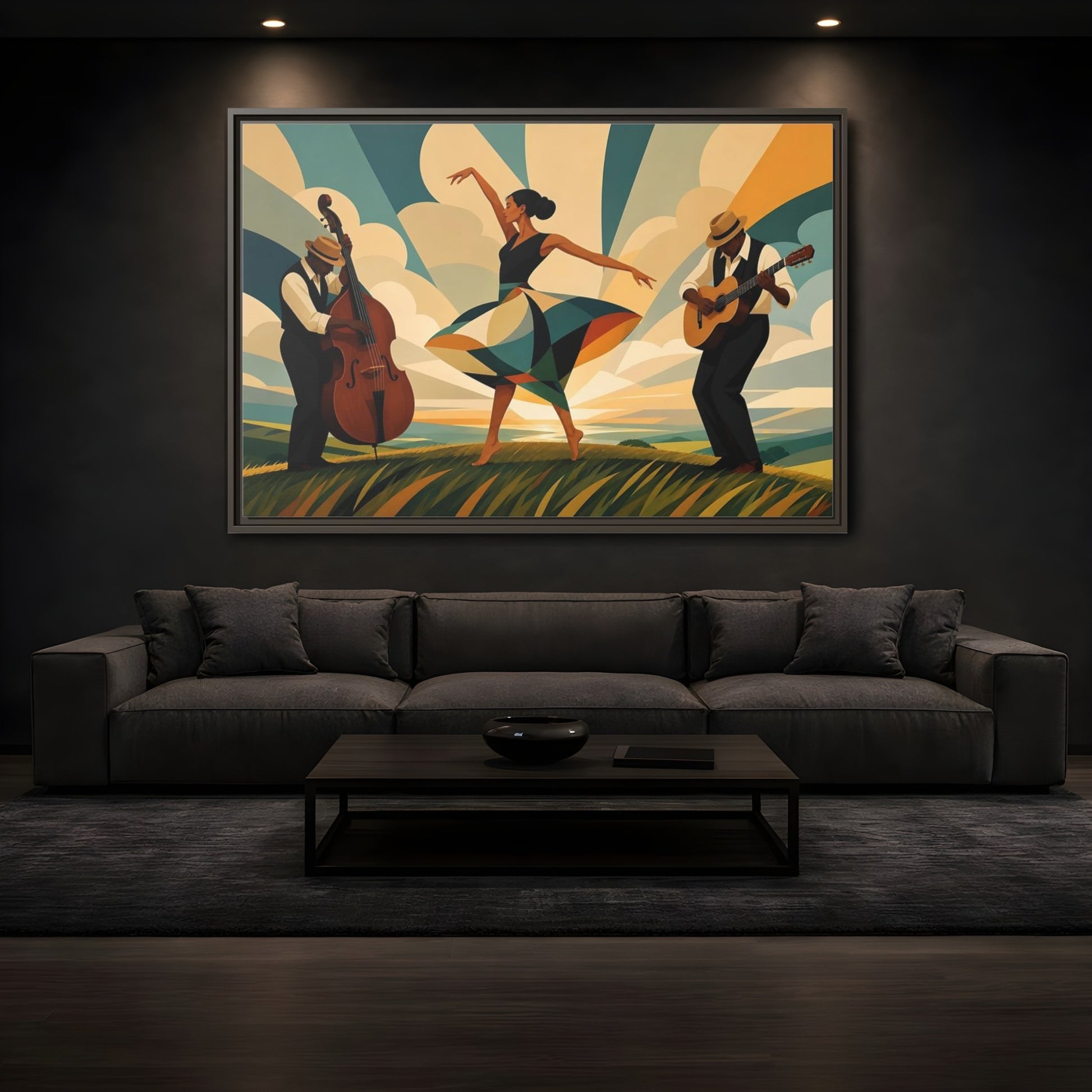 Mockup 3. Sunlit Dance Trio shown as framed canvas print