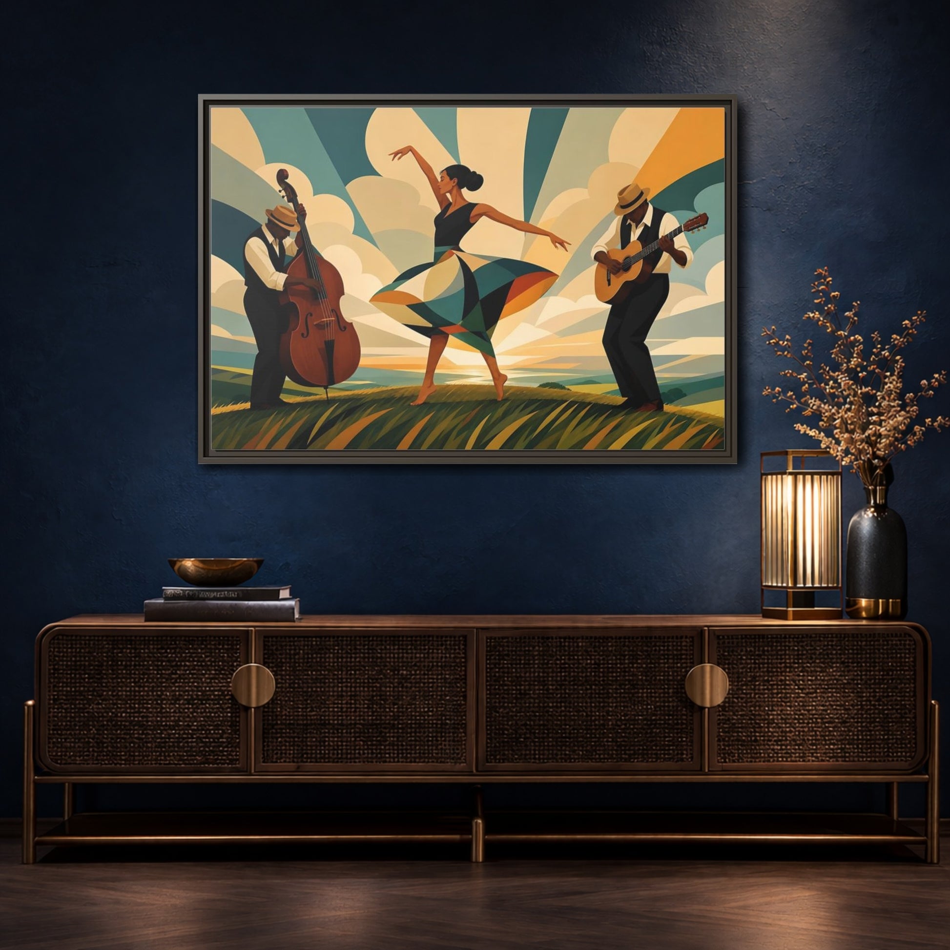 Mockup 4. Sunlit Dance Trio shown as framed canvas print