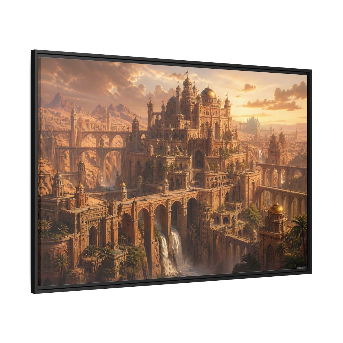 Side Mockup 12. Sunlit Desert Citadel shown as framed canvas print