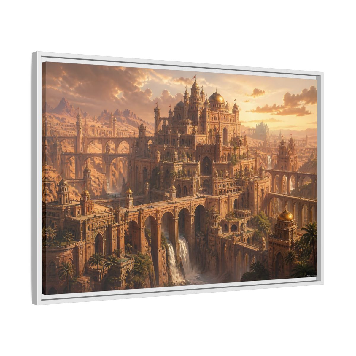 Side Mockup 9. Sunlit Desert Citadel shown as framed canvas print
