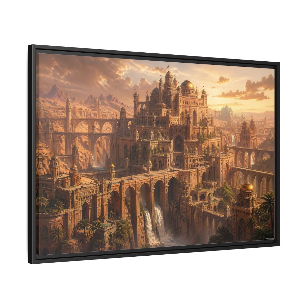 Side Mockup 13. Sunlit Desert Citadel shown as framed canvas print