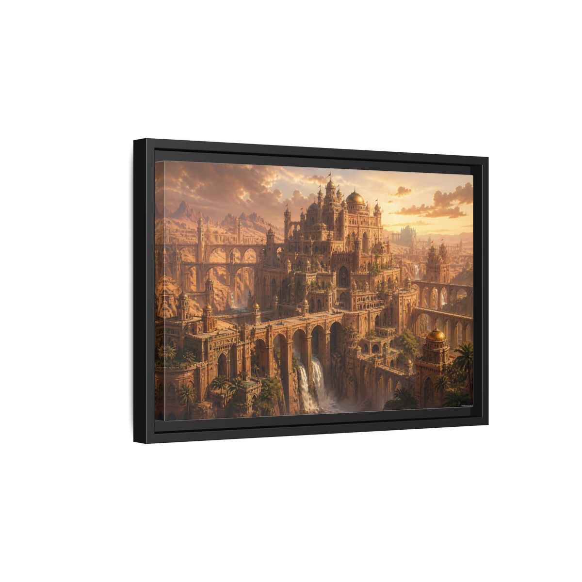 Side Mockup 6. Sunlit Desert Citadel shown as framed canvas print