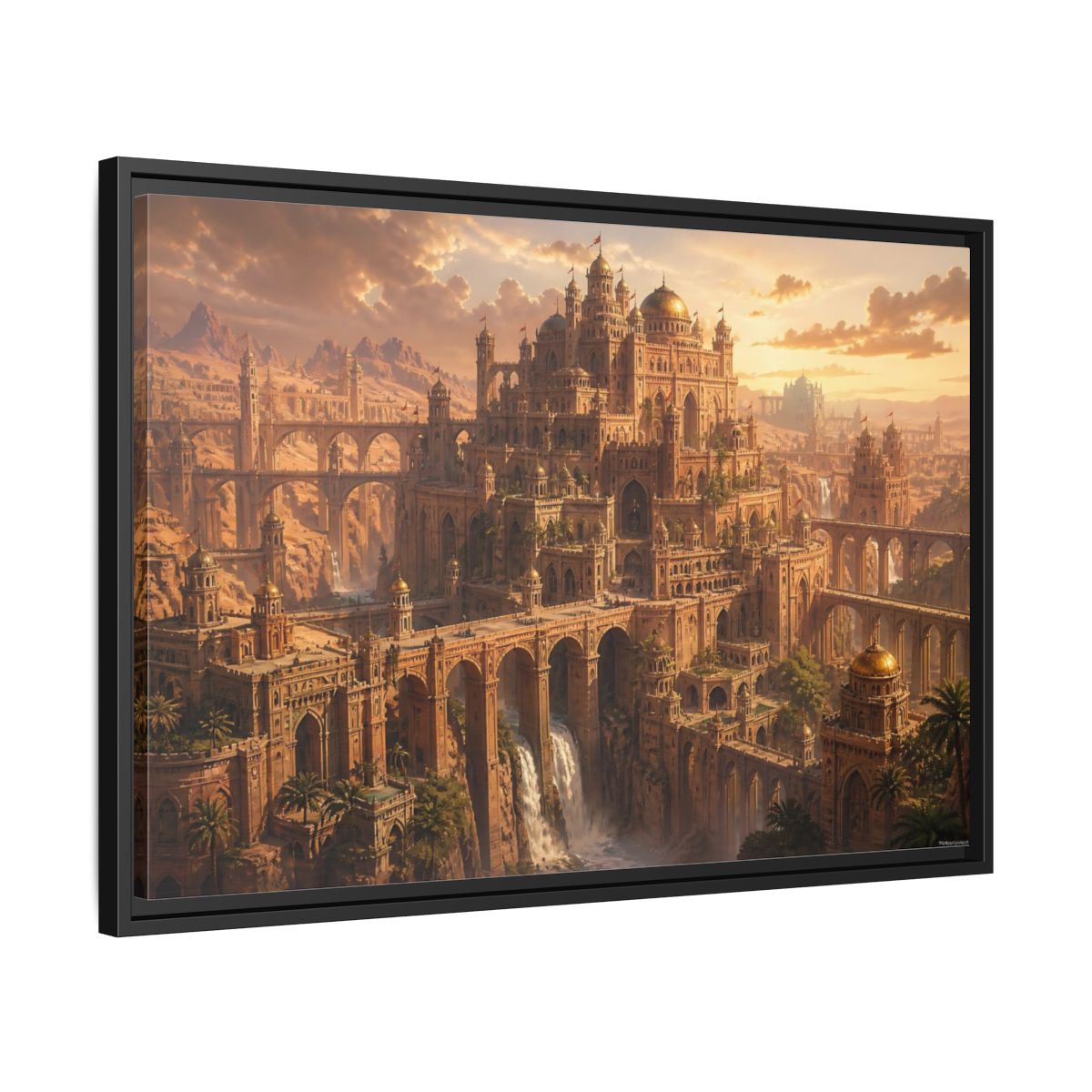 Side Mockup 14. Sunlit Desert Citadel shown as framed canvas print