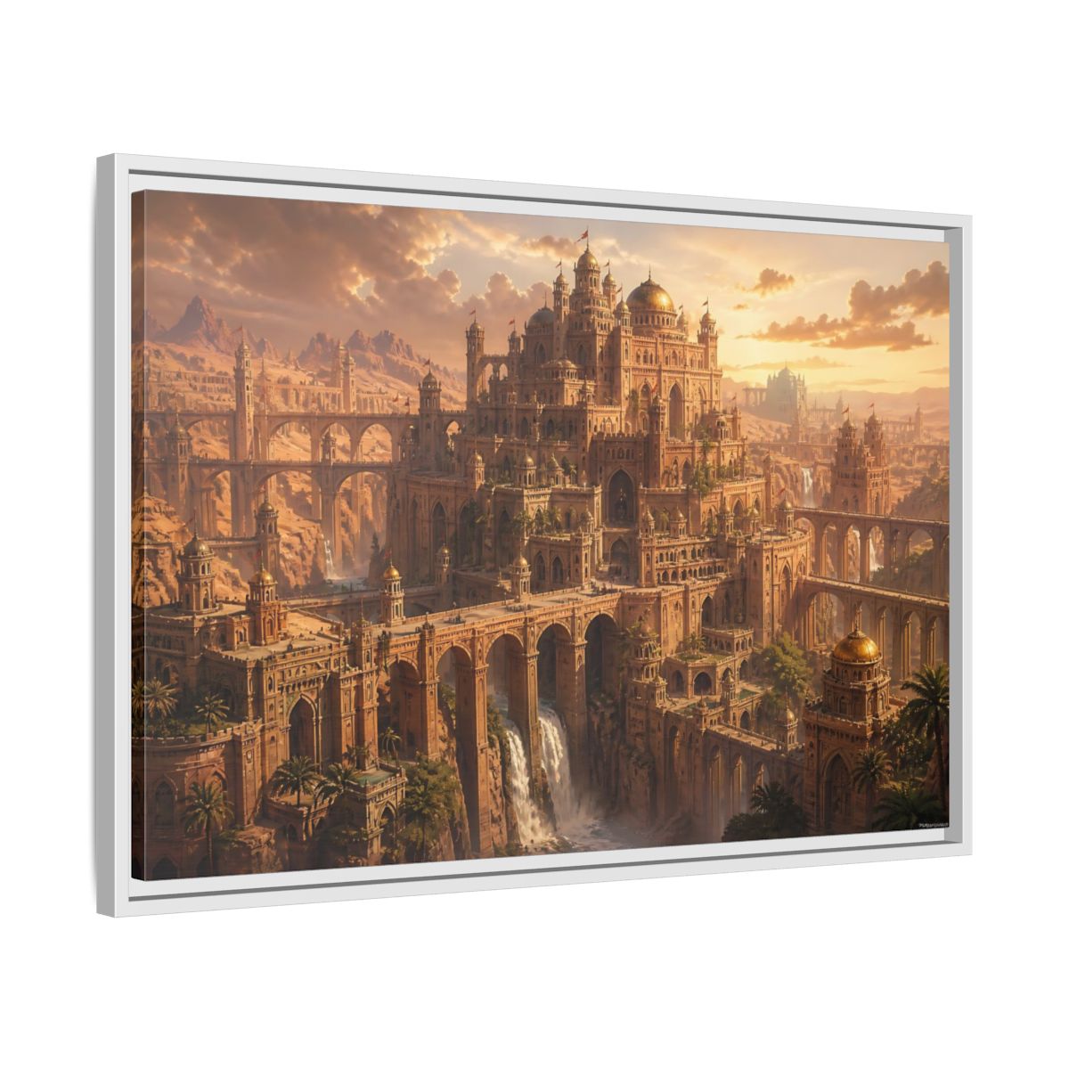 Side Mockup 10. Sunlit Desert Citadel shown as framed canvas print