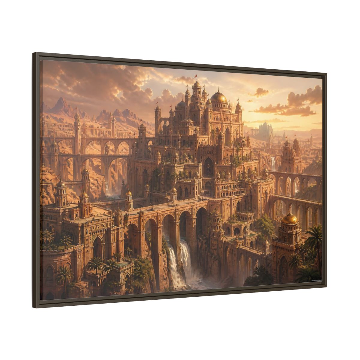 Side Mockup 8. Sunlit Desert Citadel shown as framed canvas print
