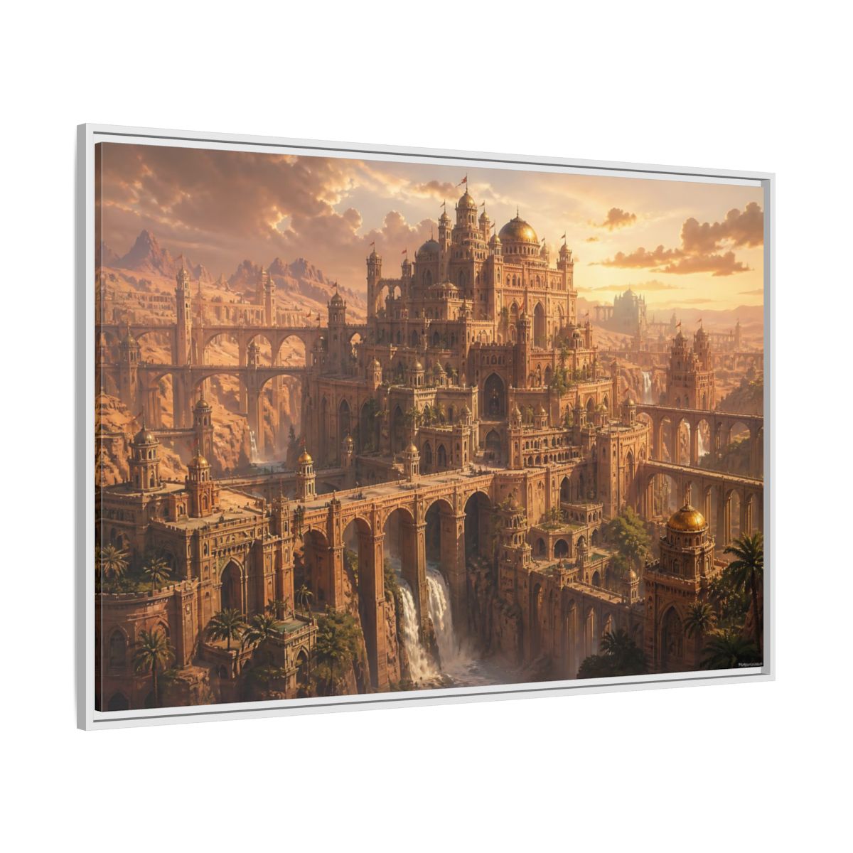 Side Mockup 7. Sunlit Desert Citadel shown as framed canvas print