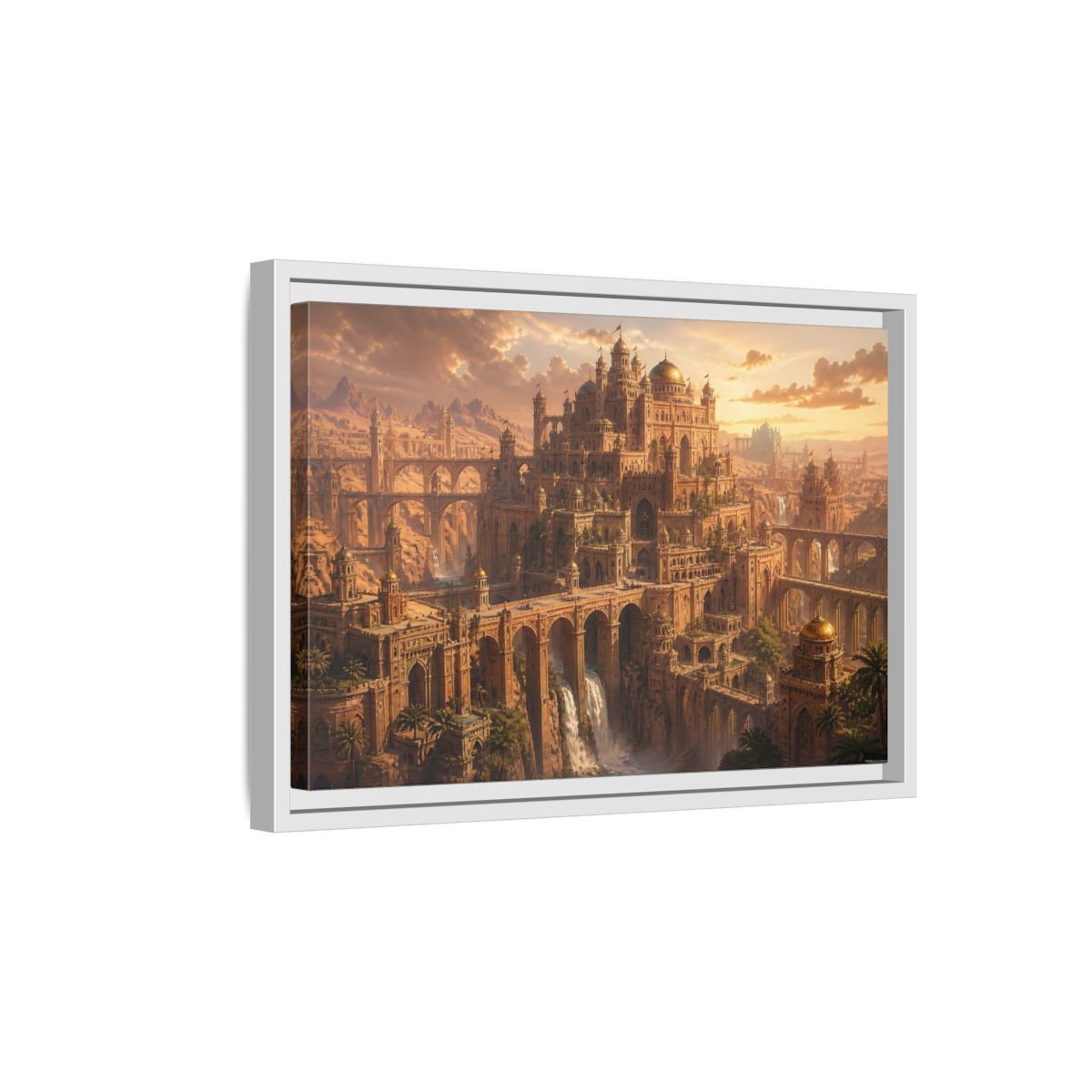 Side Mockup 4. Sunlit Desert Citadel shown as framed canvas print