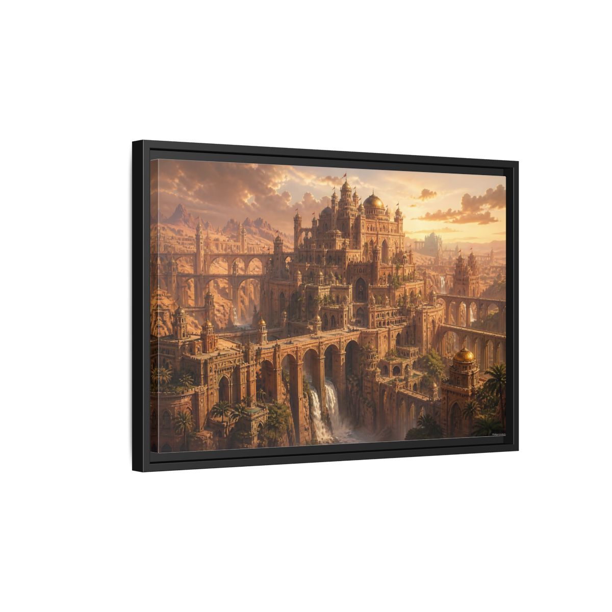 Side Mockup 3. Sunlit Desert Citadel shown as framed canvas print