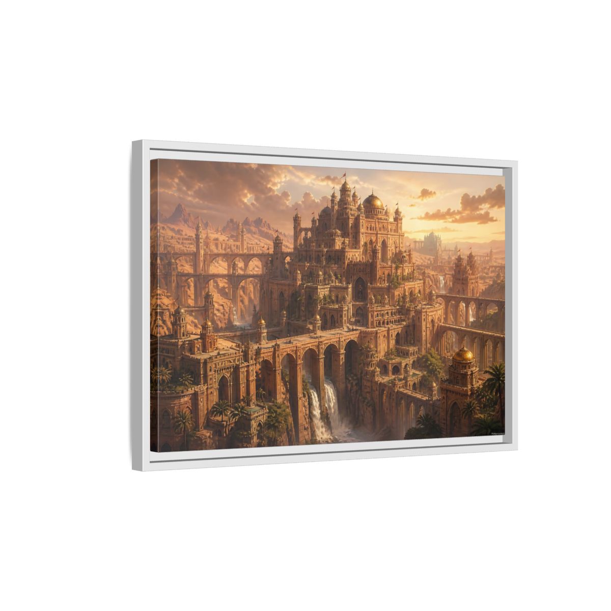 Side Mockup 1. Sunlit Desert Citadel shown as framed canvas print