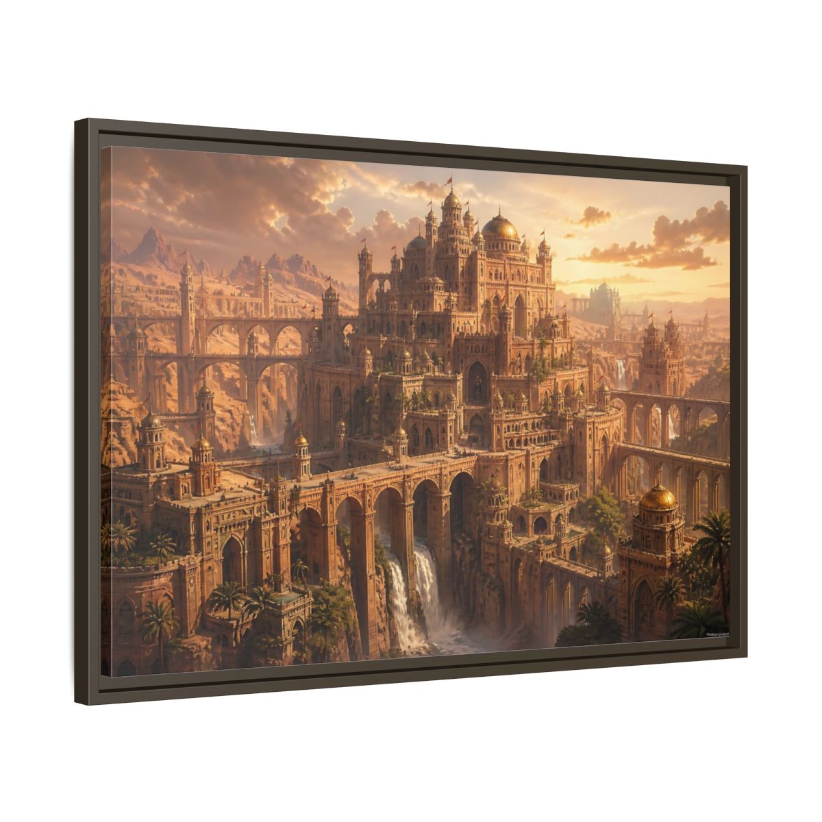 Side Mockup 11. Sunlit Desert Citadel shown as framed canvas print