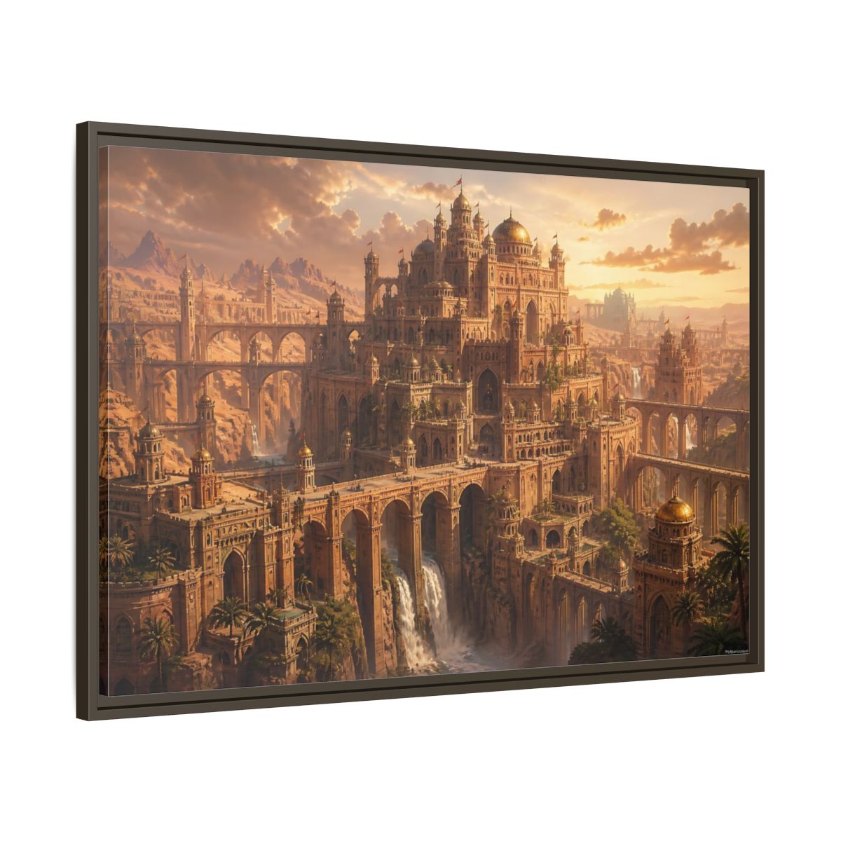 Main Mockup. Sunlit Desert Citadel shown as framed canvas print