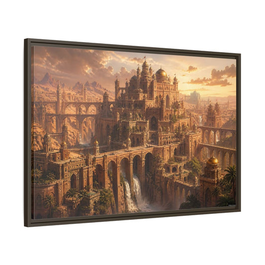 Main Mockup. Sunlit Desert Citadel shown as framed canvas print