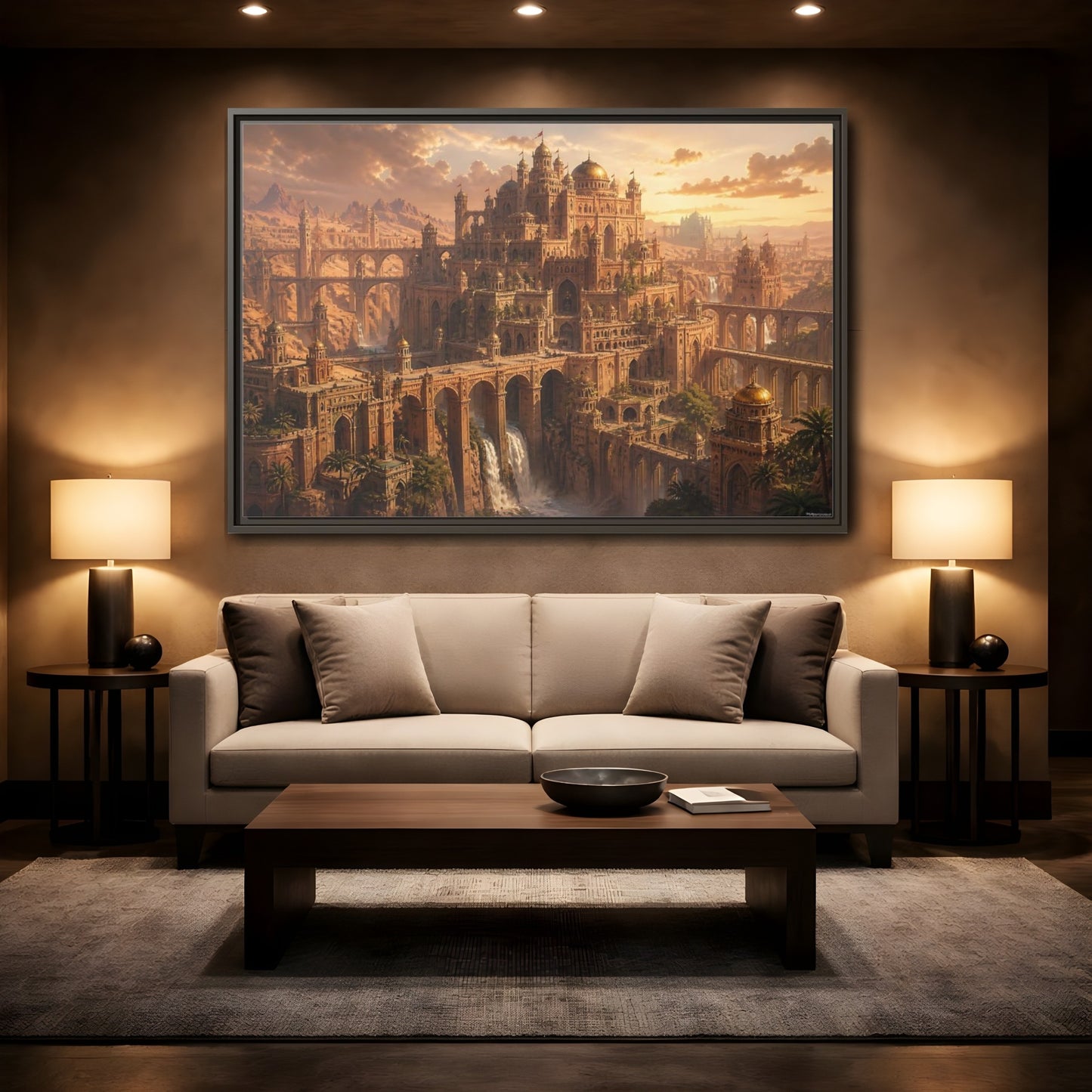 Mockup 2. Sunlit Desert Citadel shown as framed canvas print