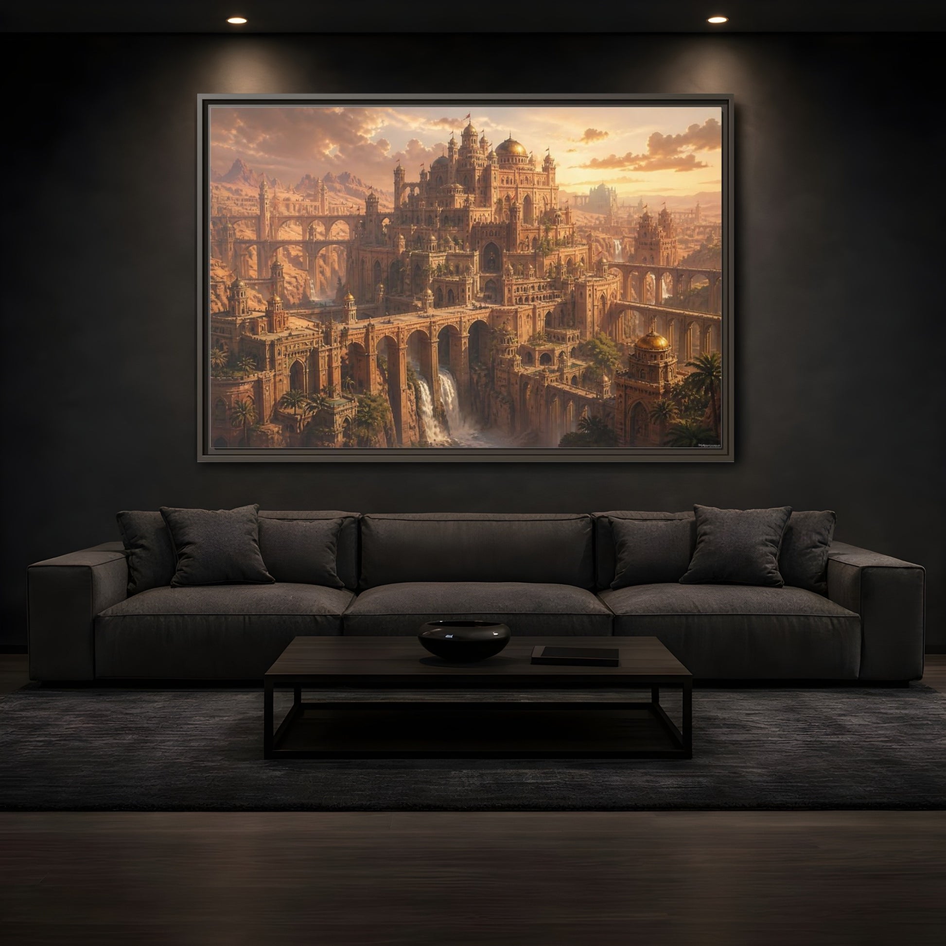 Mockup 3. Sunlit Desert Citadel shown as framed canvas print