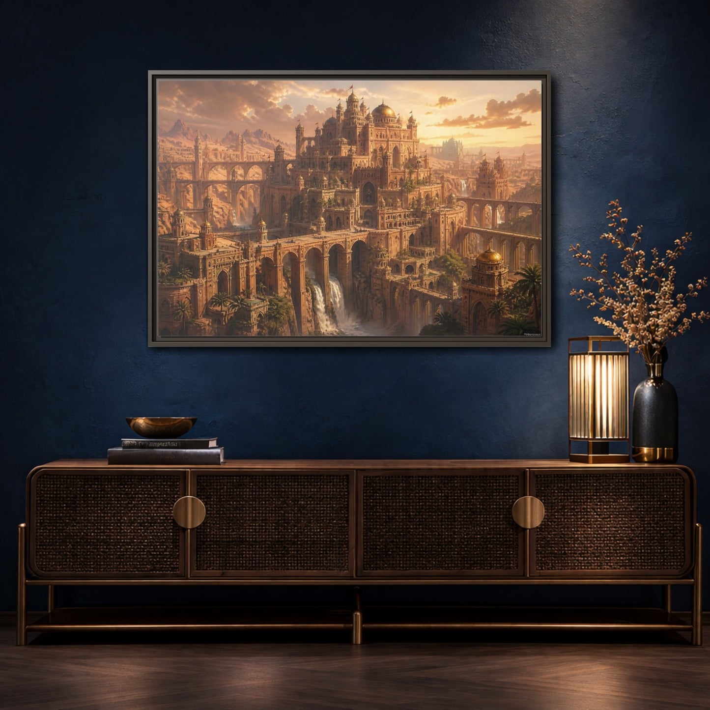 Mockup 4. Sunlit Desert Citadel shown as framed canvas print
