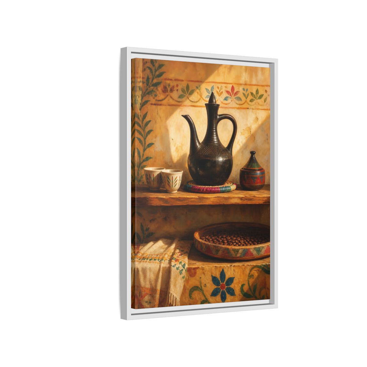 Side Mockup 1. Sunlit Earthenware Ewer shown as framed canvas print