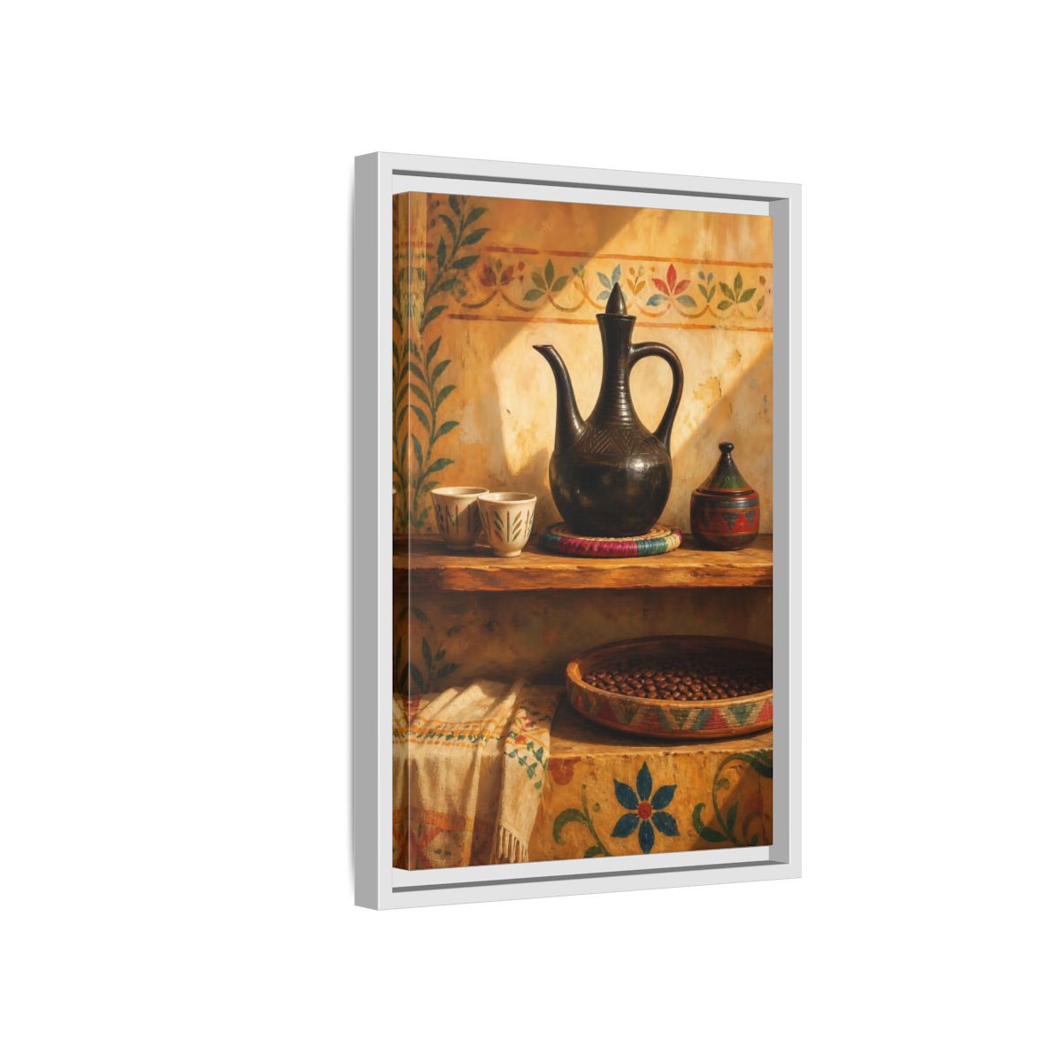 Side Mockup 4. Sunlit Earthenware Ewer shown as framed canvas print