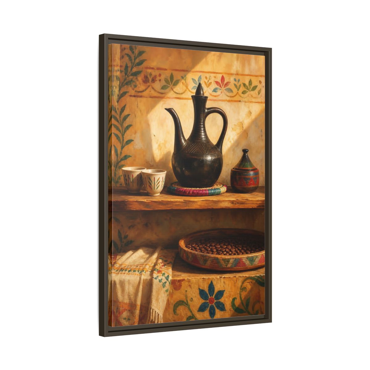 Side Mockup 11. Sunlit Earthenware Ewer shown as framed canvas print