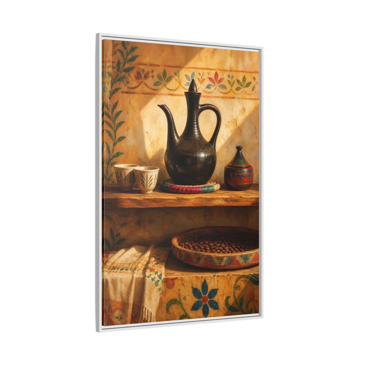 Side Mockup 7. Sunlit Earthenware Ewer shown as framed canvas print
