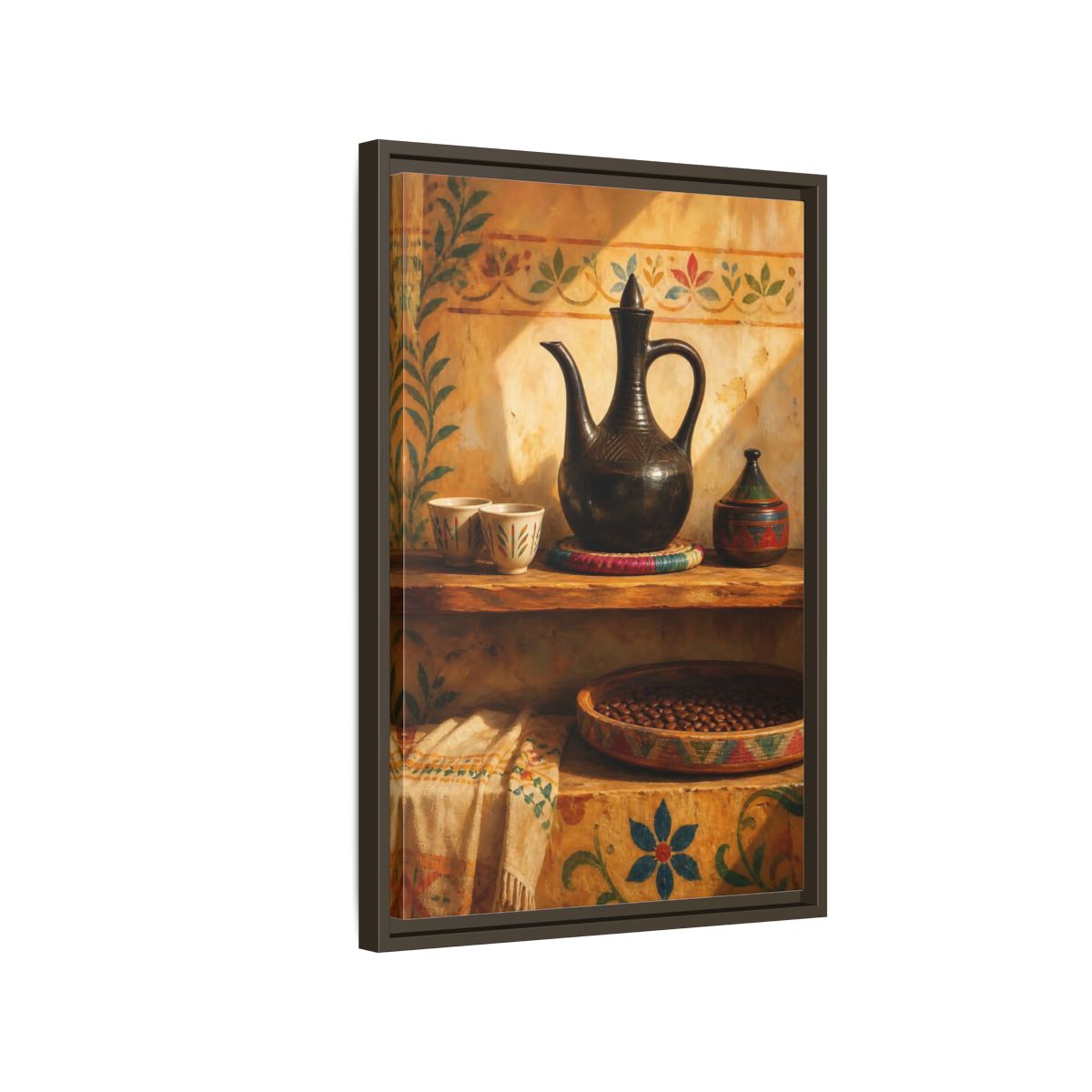 Side Mockup 2. Sunlit Earthenware Ewer shown as framed canvas print
