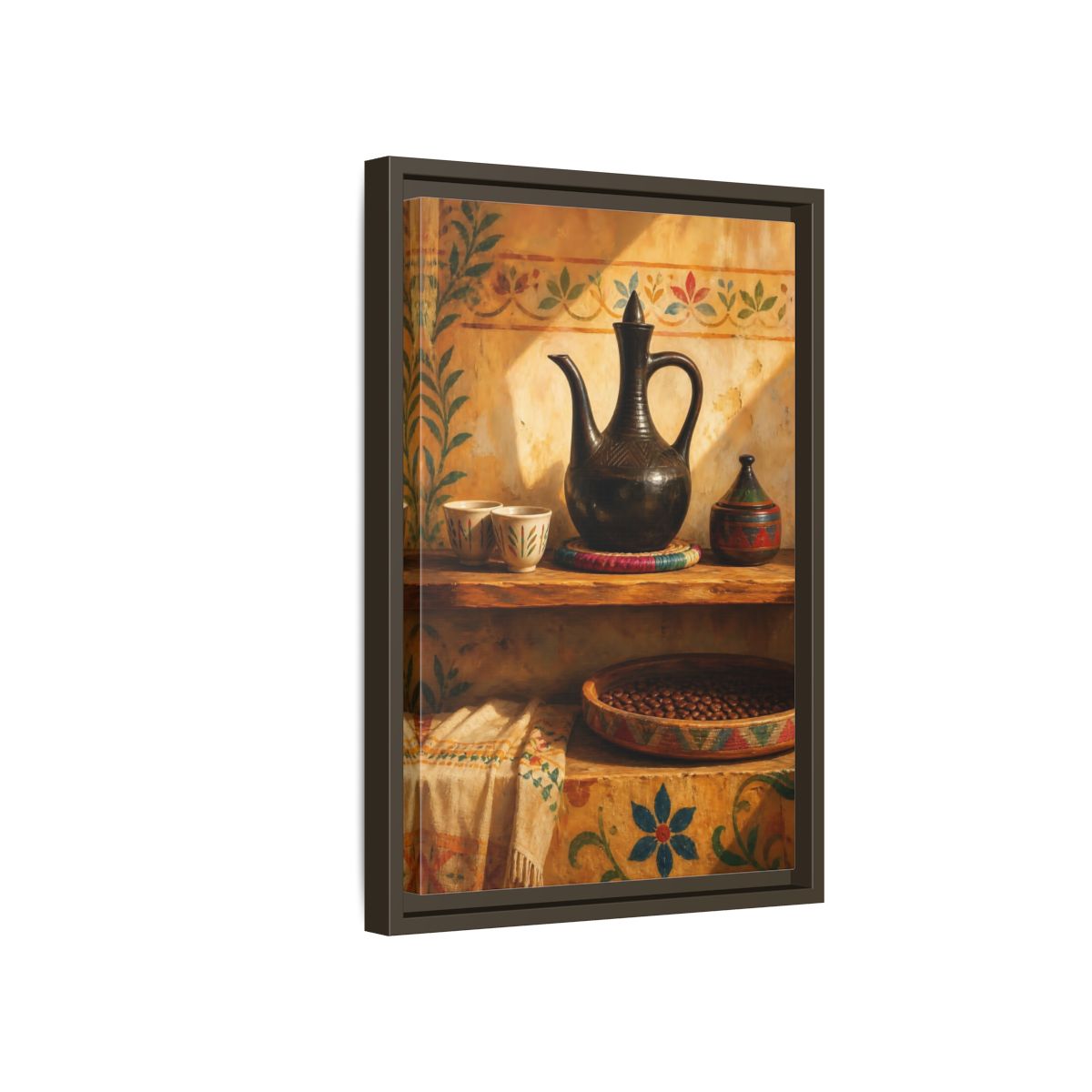 Side Mockup 5. Sunlit Earthenware Ewer shown as framed canvas print