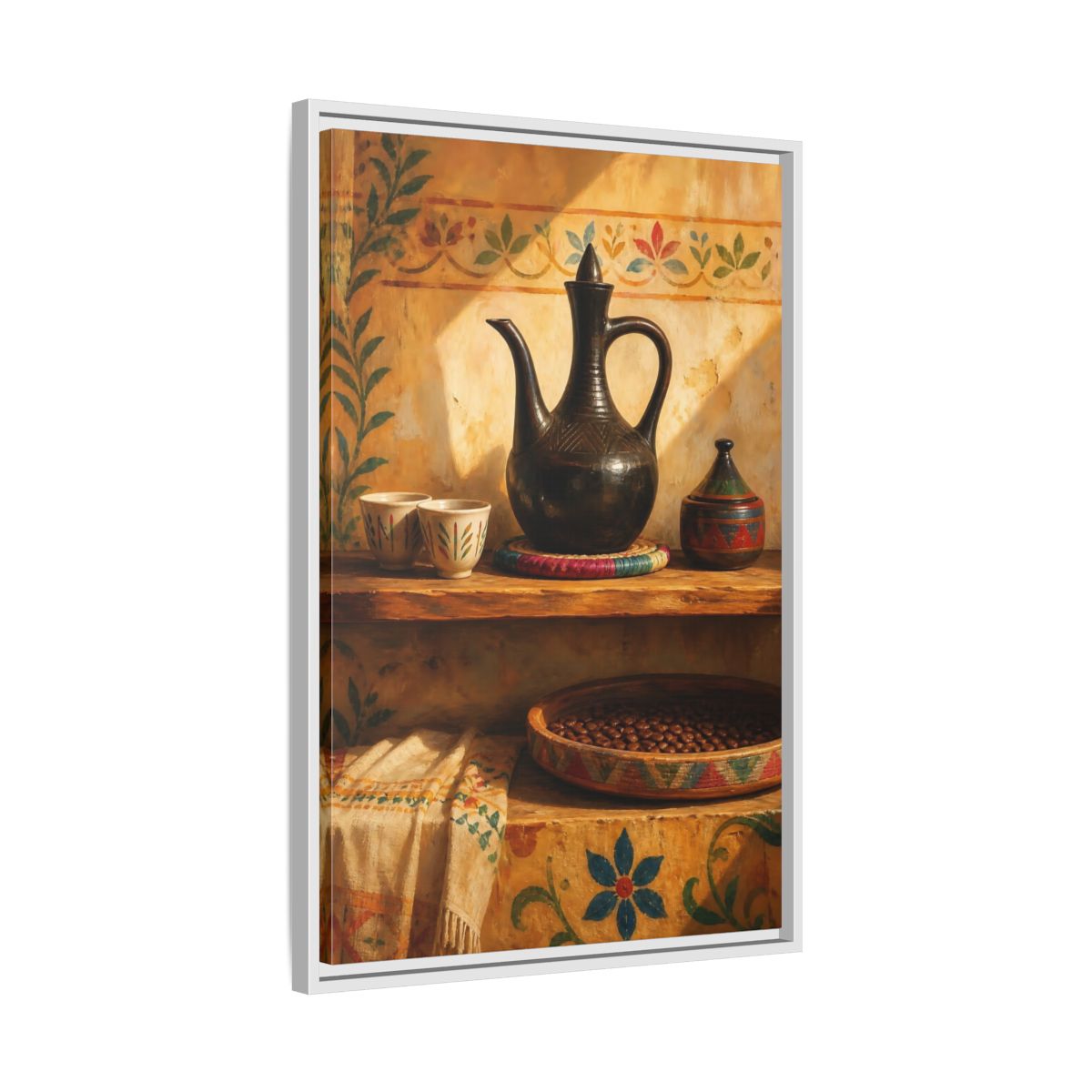 Side Mockup 10. Sunlit Earthenware Ewer shown as framed canvas print