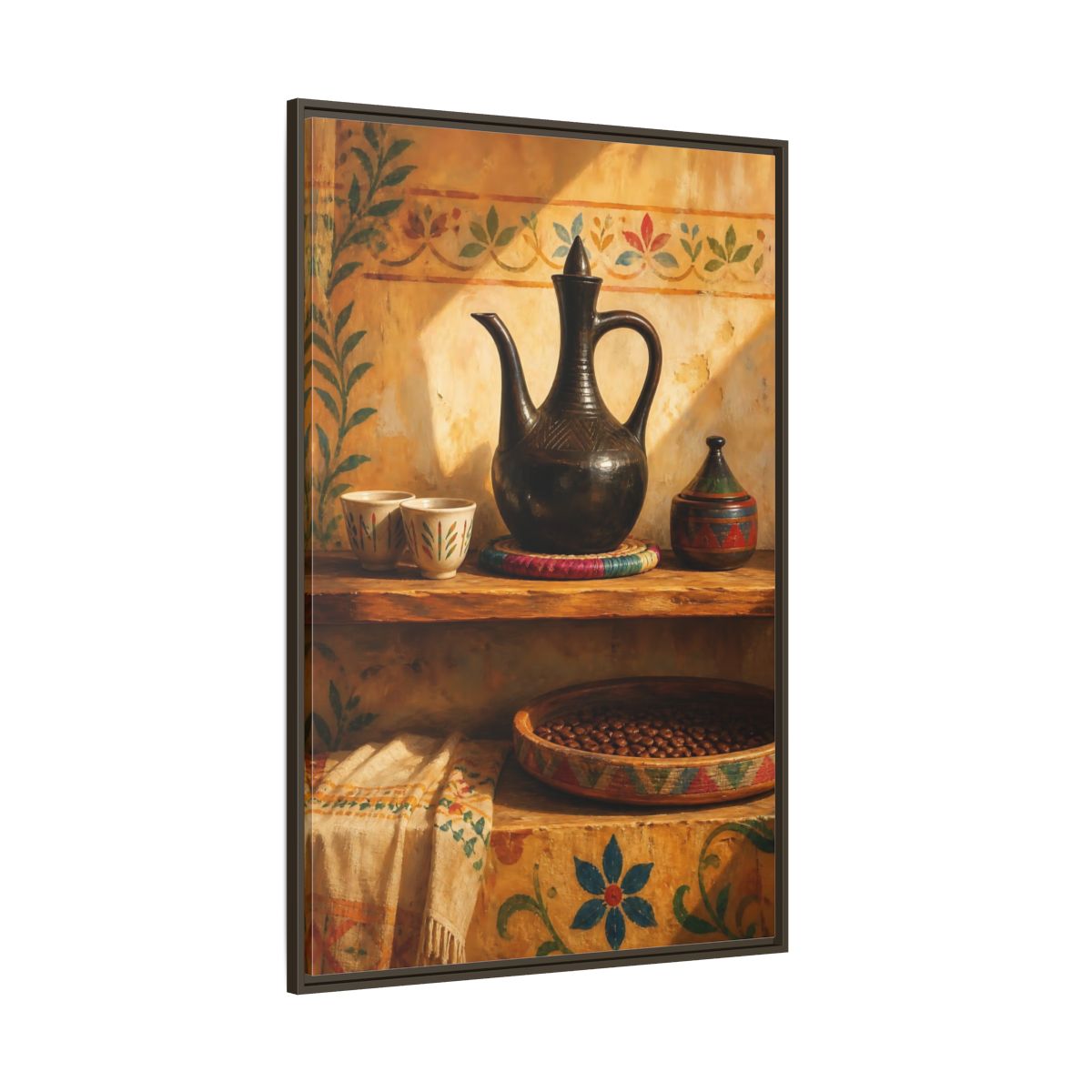 Side Mockup 8. Sunlit Earthenware Ewer shown as framed canvas print