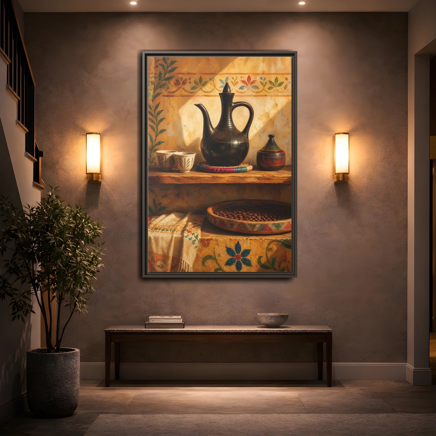 Mockup 2. Sunlit Earthenware Ewer shown as framed canvas print