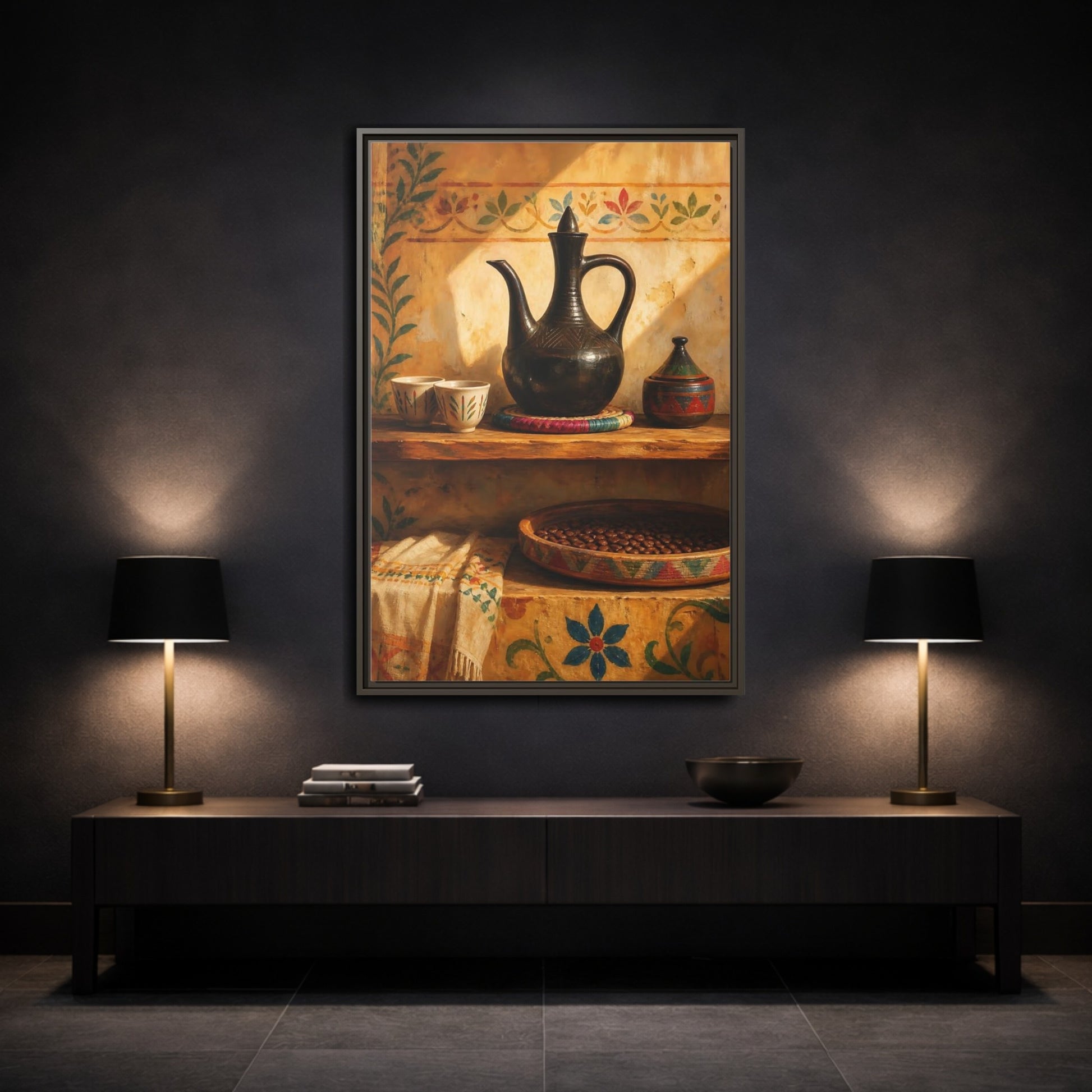 Mockup 3. Sunlit Earthenware Ewer shown as framed canvas print