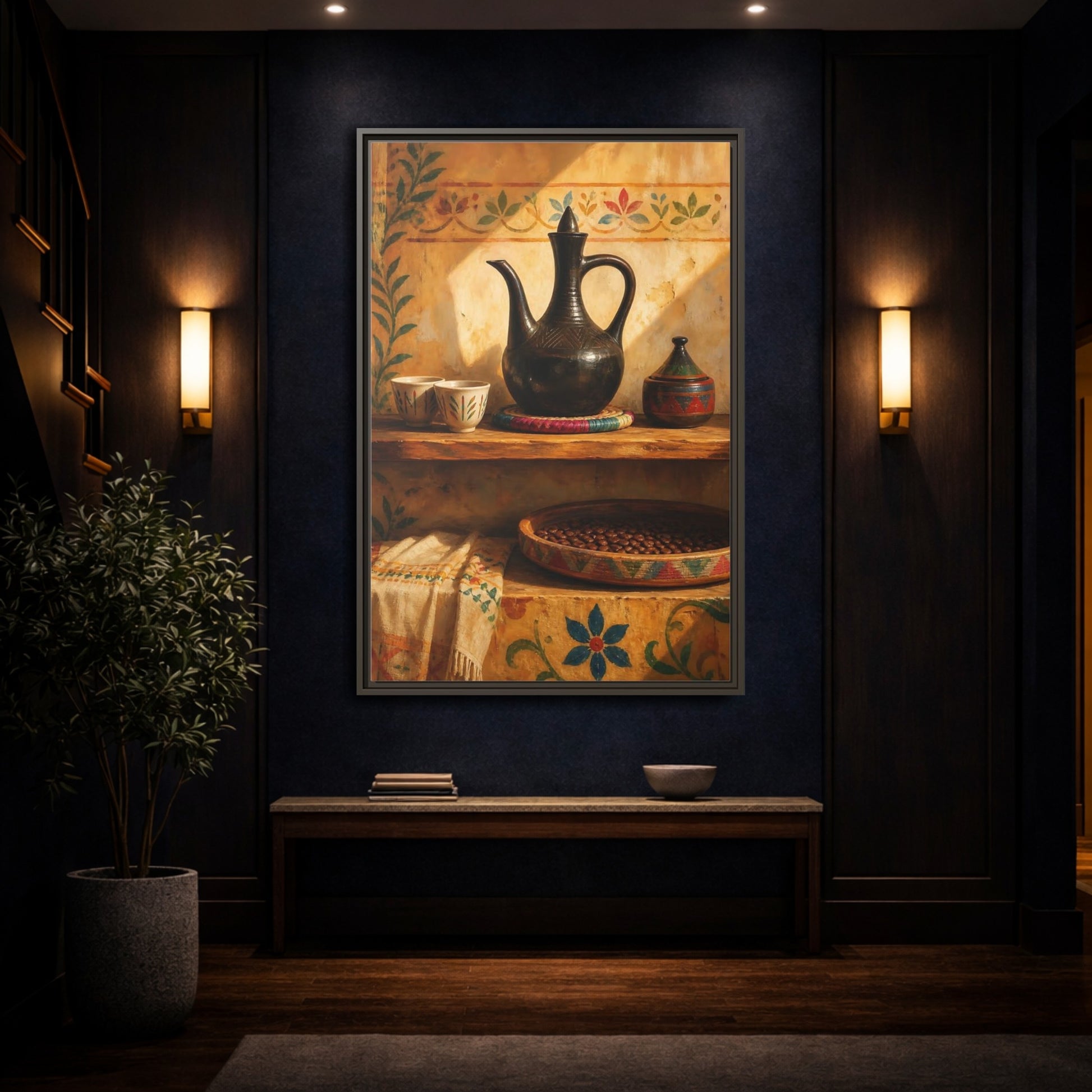 Mockup 4. Sunlit Earthenware Ewer shown as framed canvas print