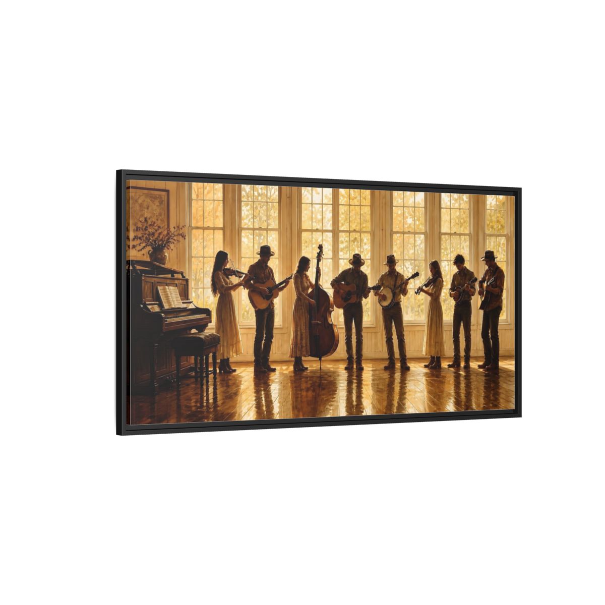 Side Mockup 5. Sunlit Folk Ensemble shown as framed canvas print