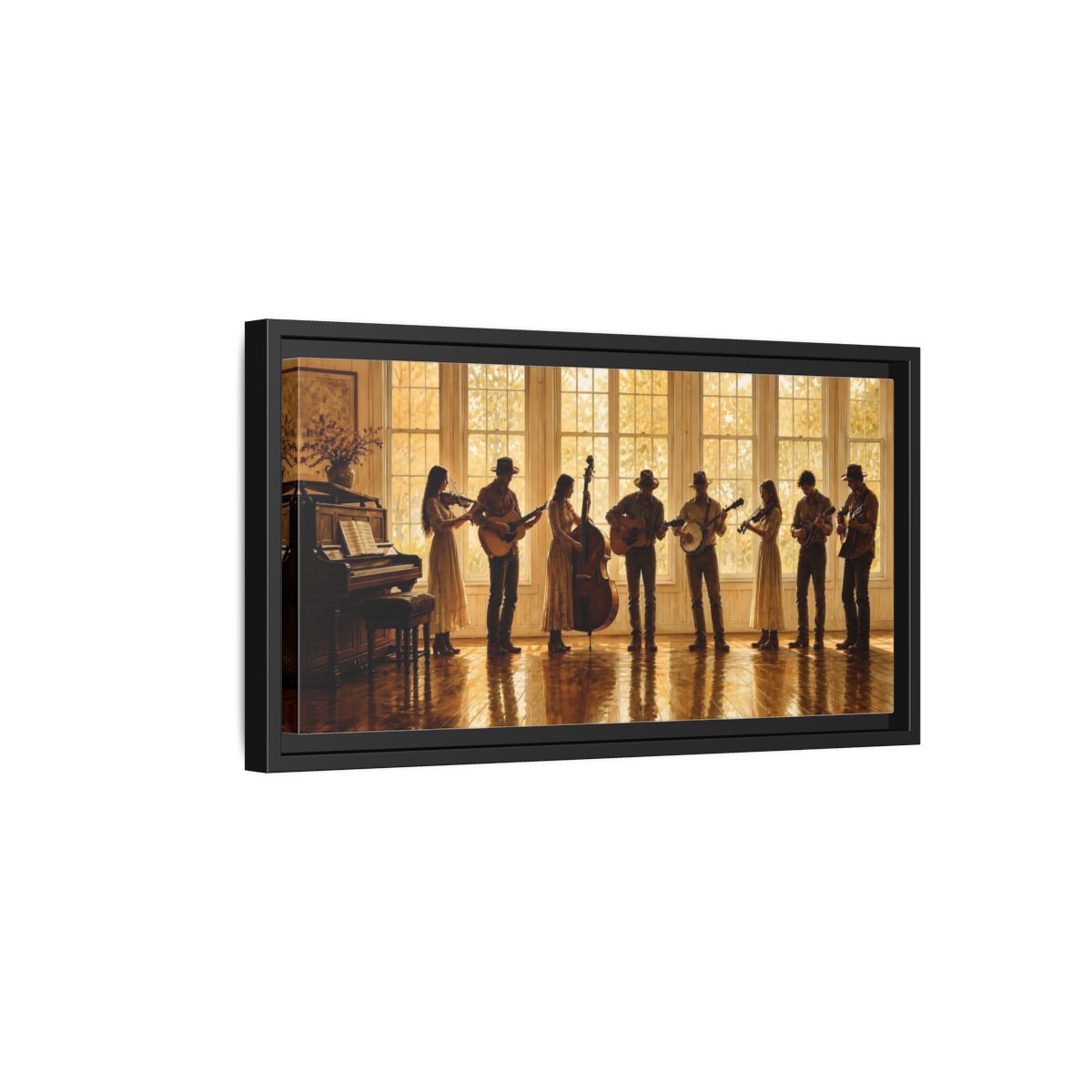 Side Mockup 8. Sunlit Folk Ensemble shown as framed canvas print