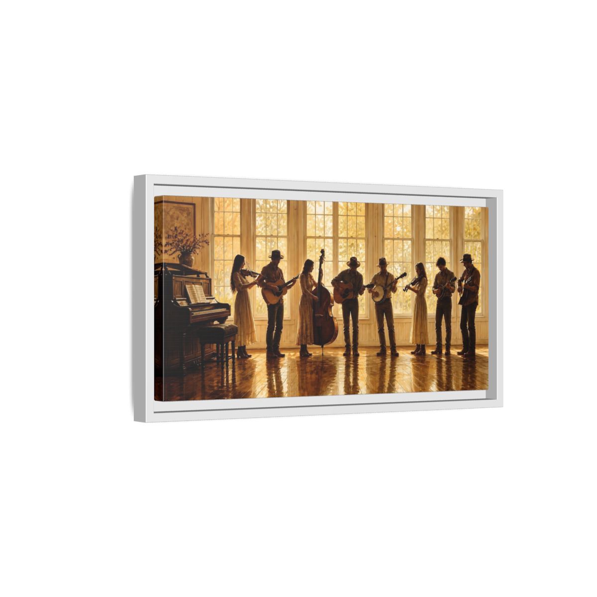 Side Mockup 6. Sunlit Folk Ensemble shown as framed canvas print