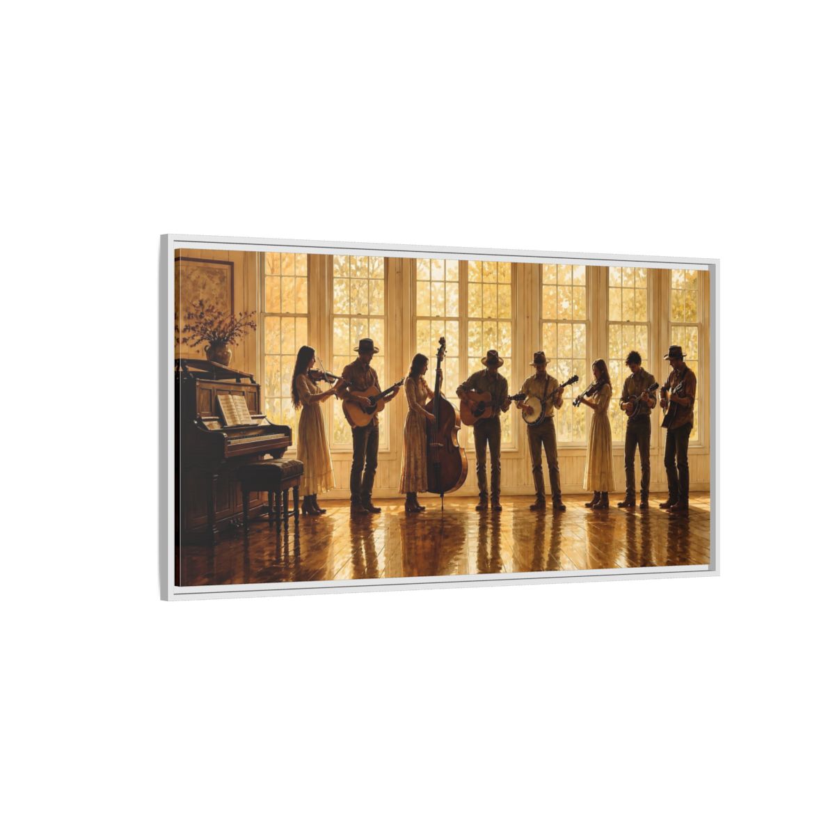 Side Mockup 3. Sunlit Folk Ensemble shown as framed canvas print