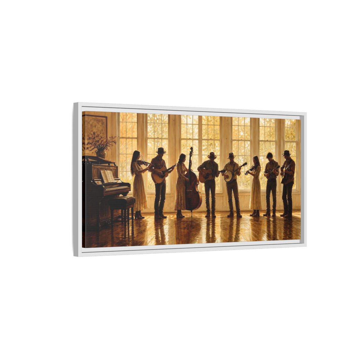 Side Mockup 1. Sunlit Folk Ensemble shown as framed canvas print