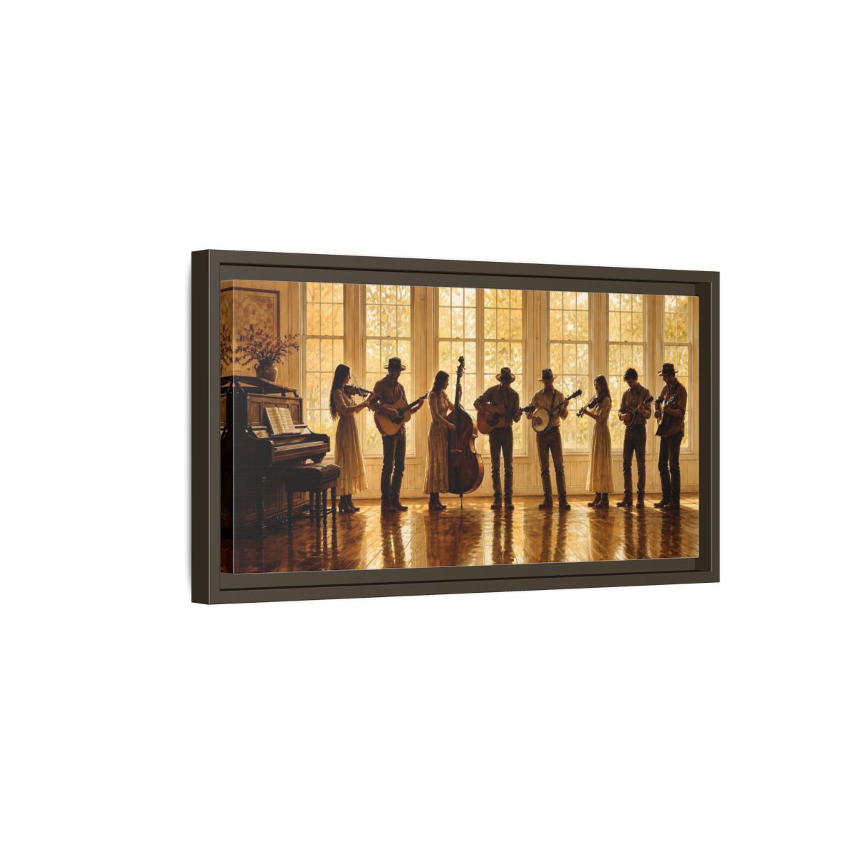 Side Mockup 7. Sunlit Folk Ensemble shown as framed canvas print