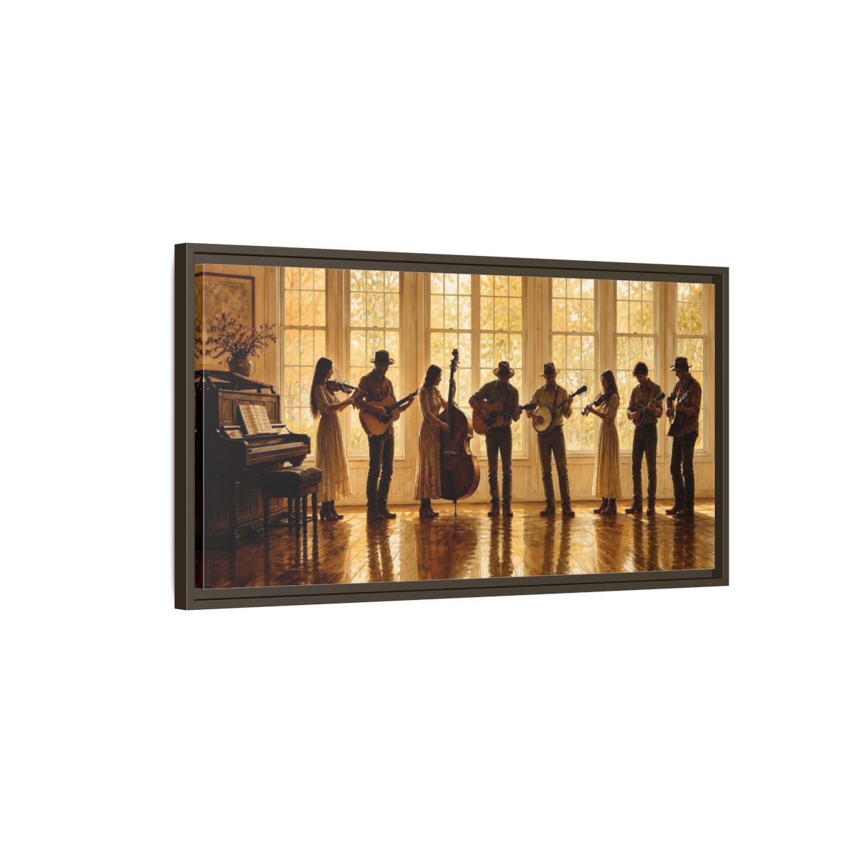 Main Mockup. Sunlit Folk Ensemble shown as framed canvas print