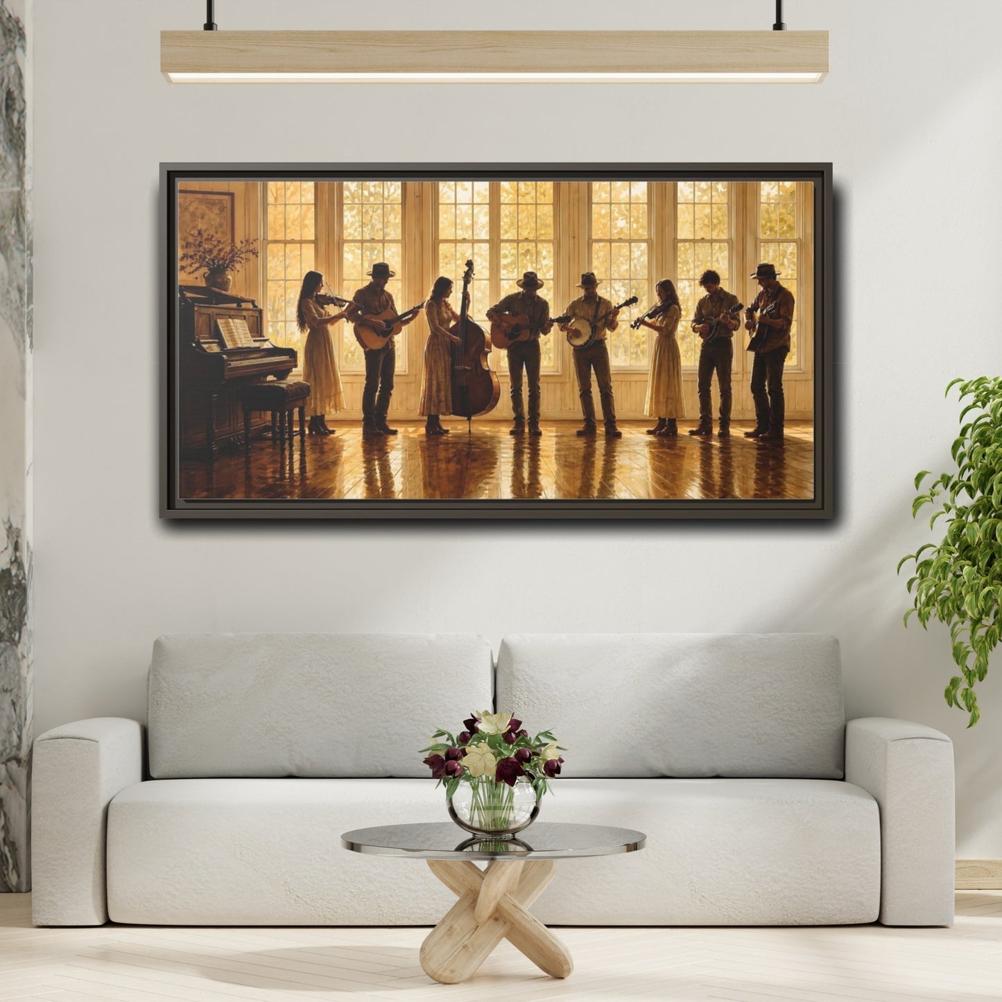 Mockup 2. Sunlit Folk Ensemble shown as framed canvas print